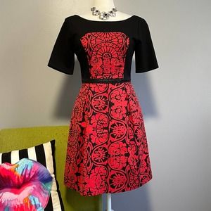 Plenty by Tracy Reese Red Black Patterned Fit and Flare Dress 4